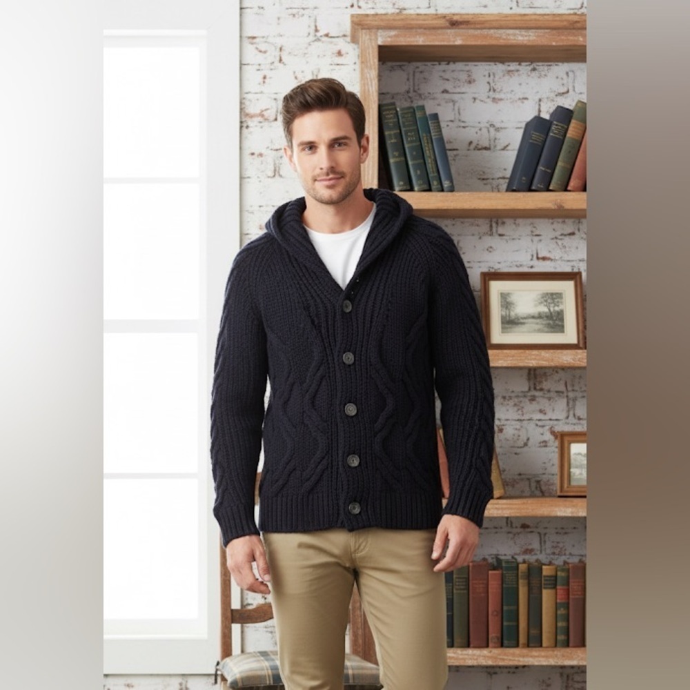 Filippo Novelli Navy Blue Wool Cable Knit Cardigan Sweater Size Medium